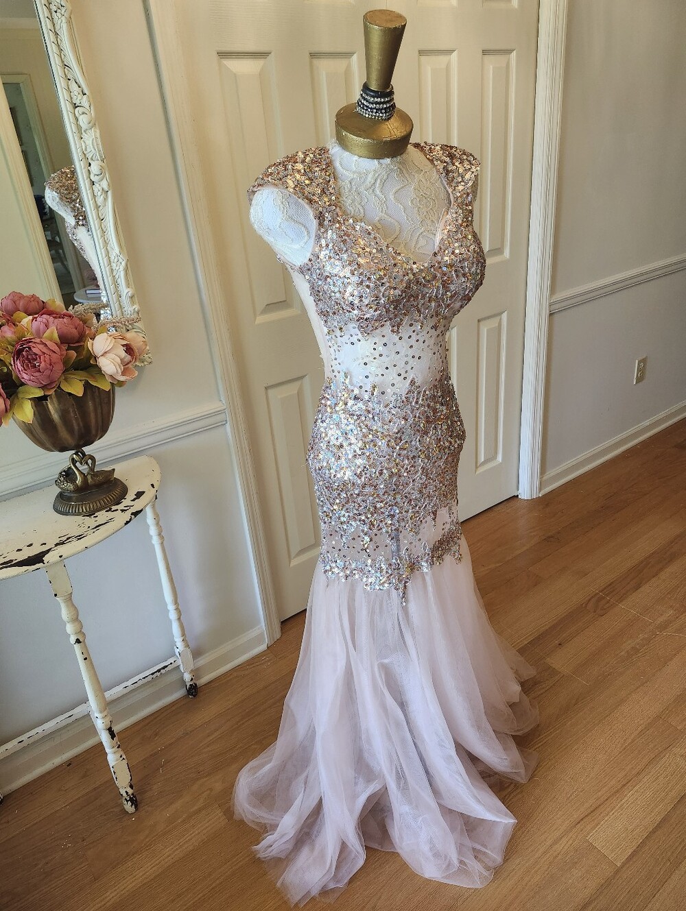 Alyce Paris Rose Gold Sequin Mermaid Open Back Pageant Prom Gown 2010s Size 4 - Picture 2 of 8